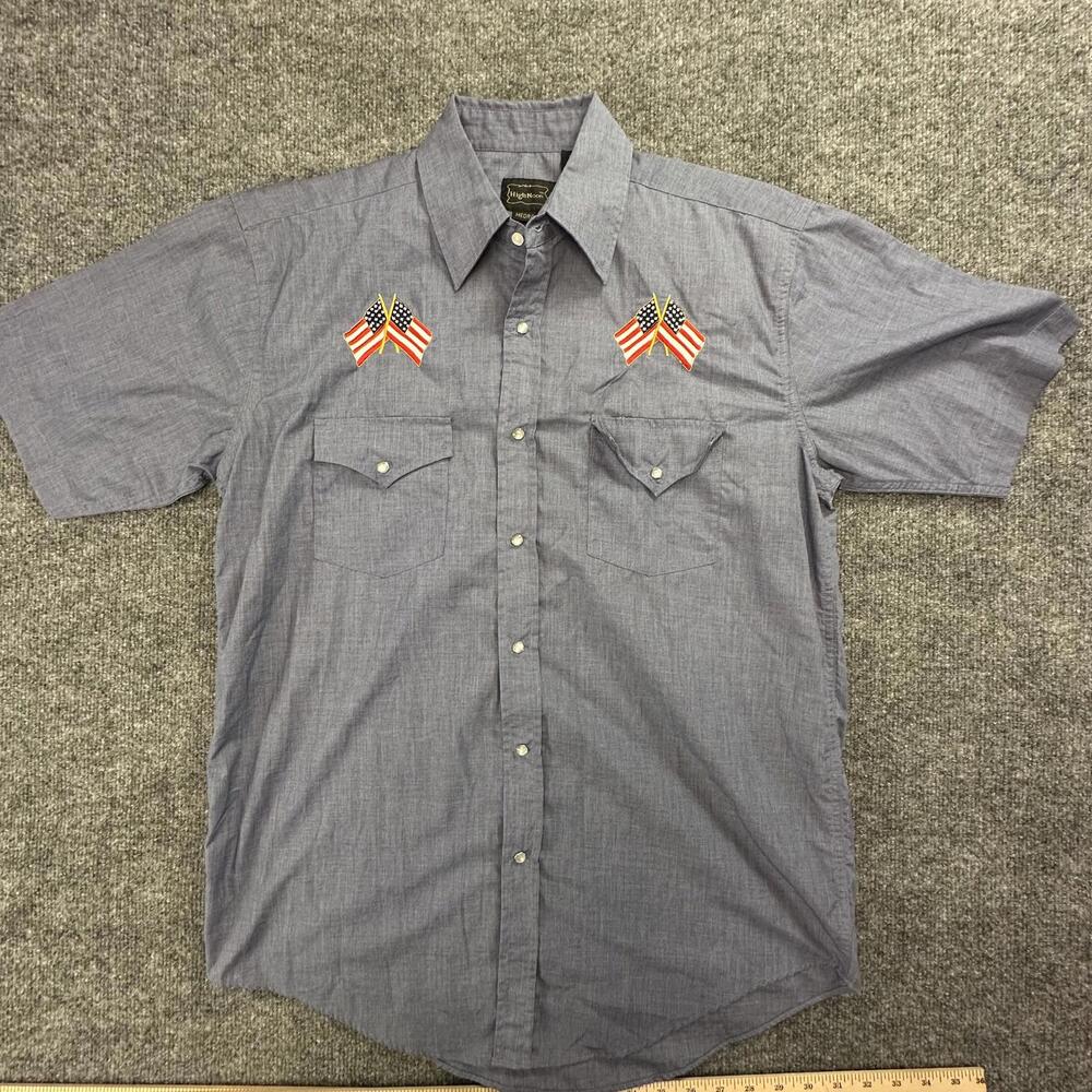 High Noon Mens Blue Western Pearl Snap American Flag Shirt Medium #289